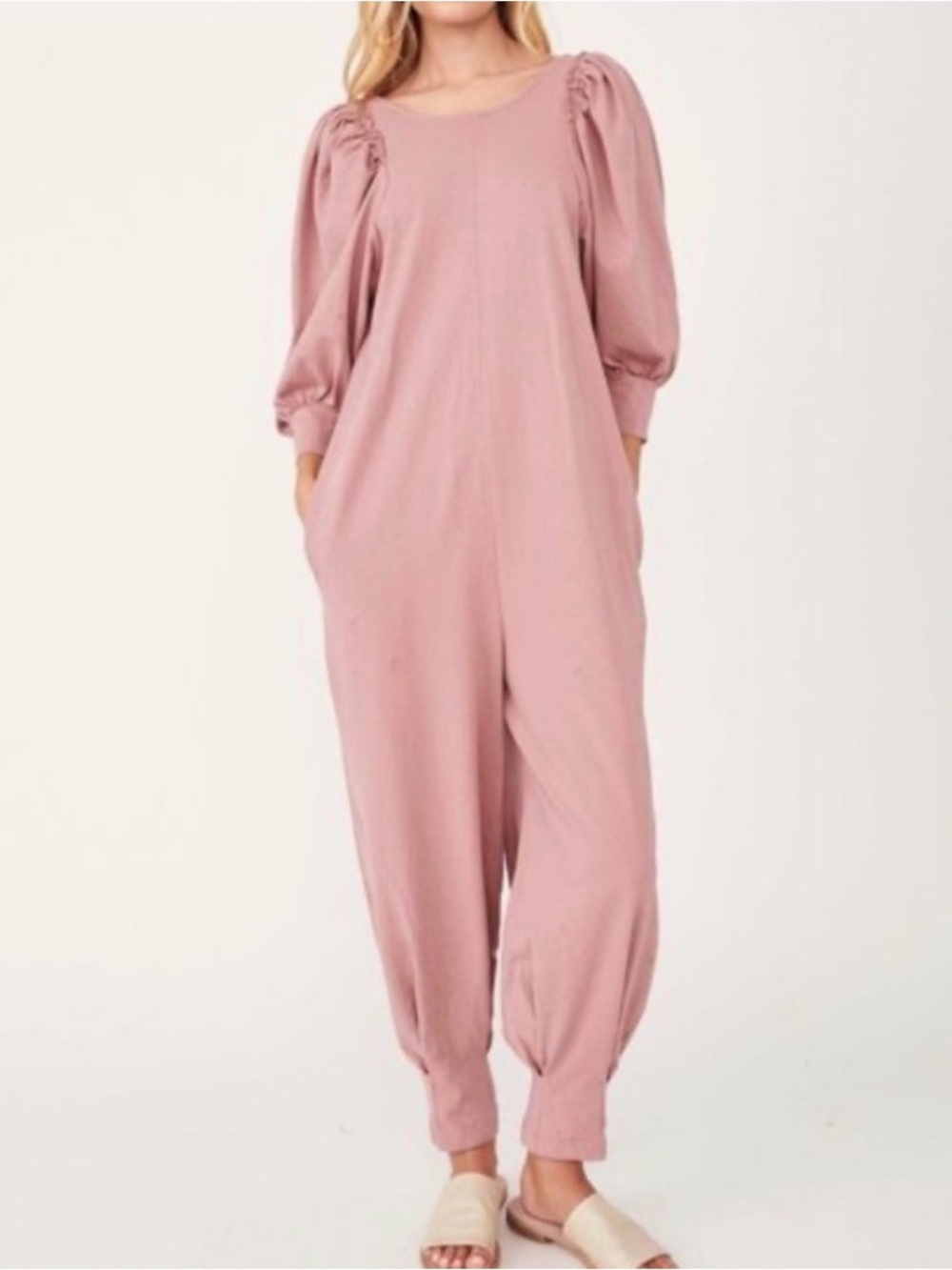 Free People FP Beach Jackie Puff Sleeve Jumpsuit Pink Size S